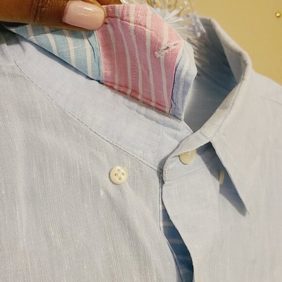 MINE | Men's Blue Multicolored Placket 100% Linen Button-Down Shirt (Size Large) - Picture 7 of 12